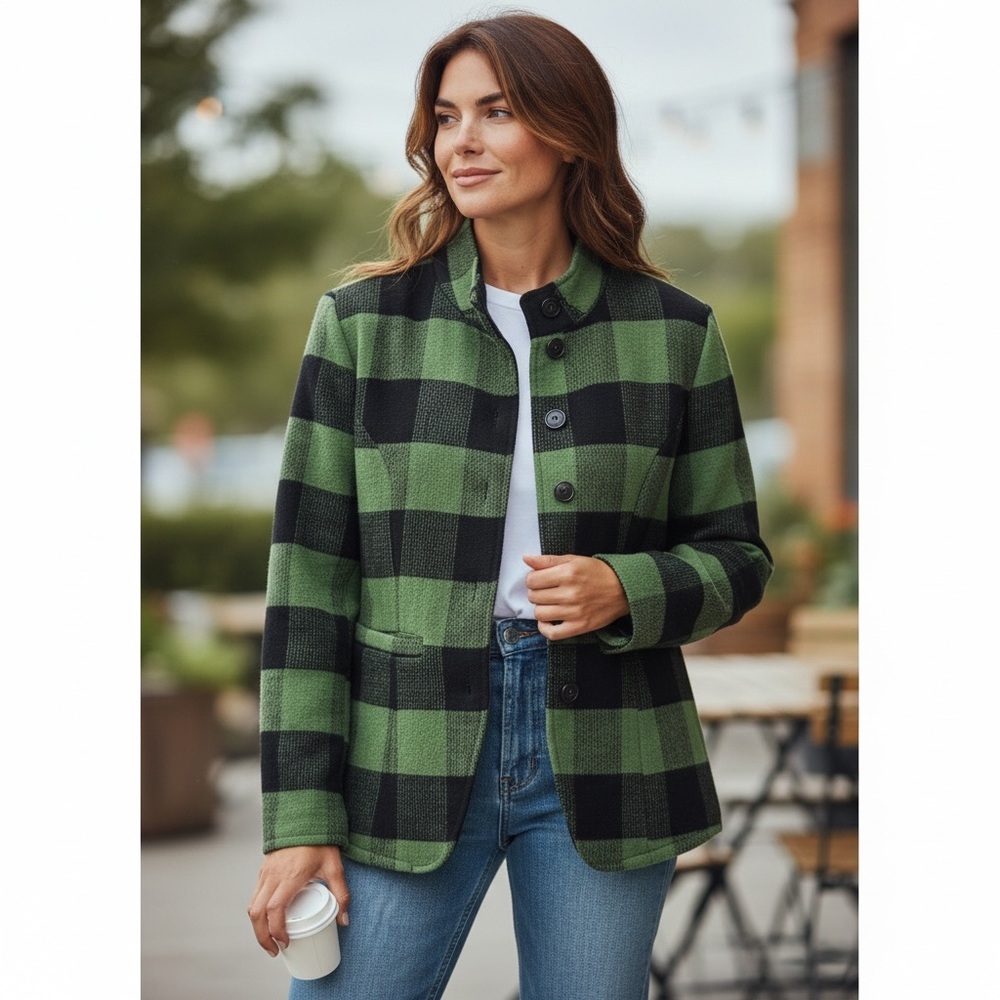 ANTHROPOLOGIE Tulle Green & Black Buffalo plaid wool blend coat size medium
